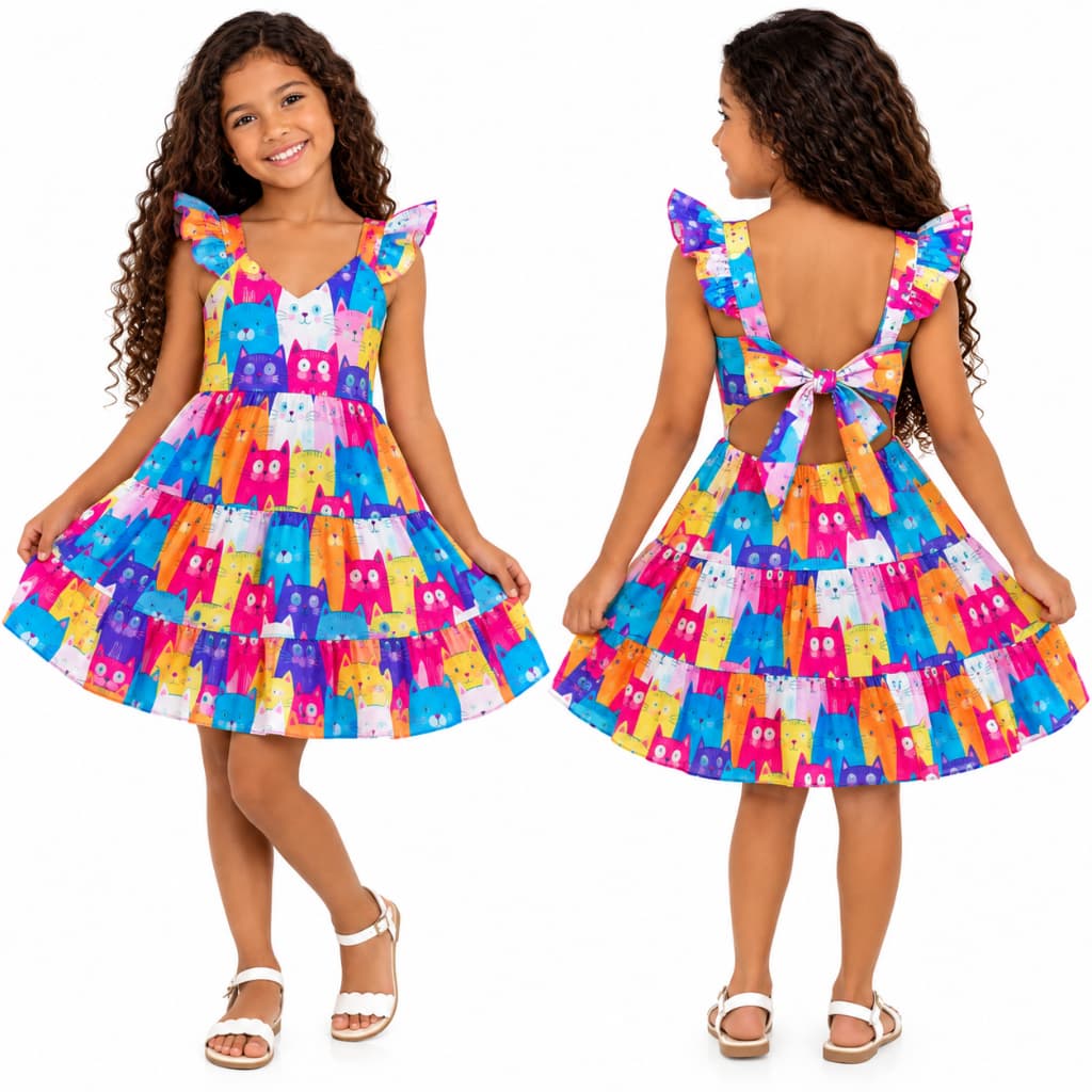 Vestido infantil menina estampado colorido divertido gatinho luxo