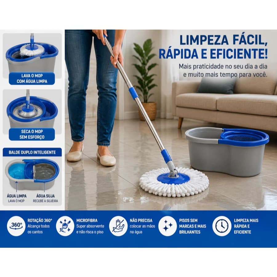 Mop Giratório 360° com Balde Centrífuga 8L/13L/Refil Microfibra Limpeza Prática e Fácil