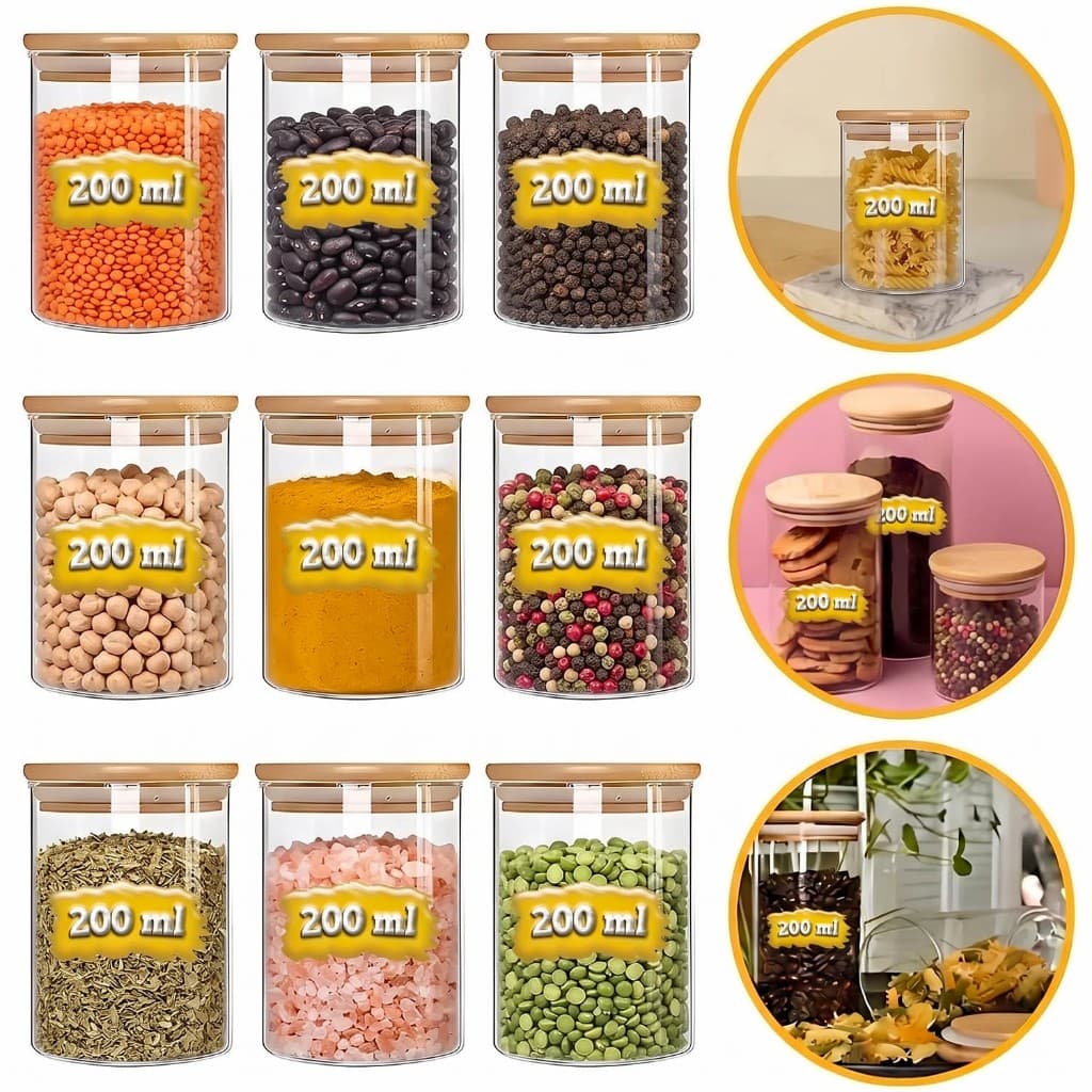 Kit Potes Herméticos de Vidro com Tampa de Bambu 200ml para Alimentos Temperos e Condimentos