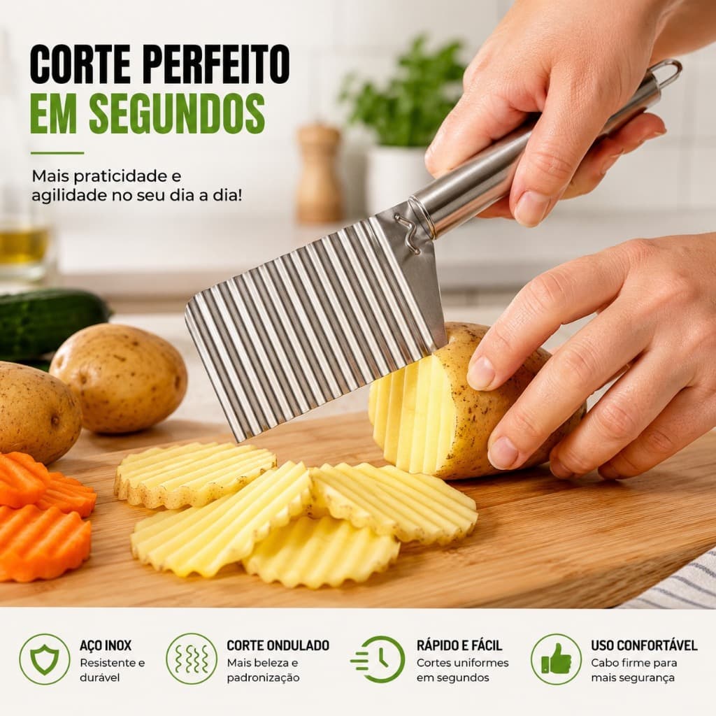 Cortador De Batata Ondulado Inox 25cm Faca Para Legumes Vegetais Batata Chips Cozinha Profissional Aço Inox Resistente