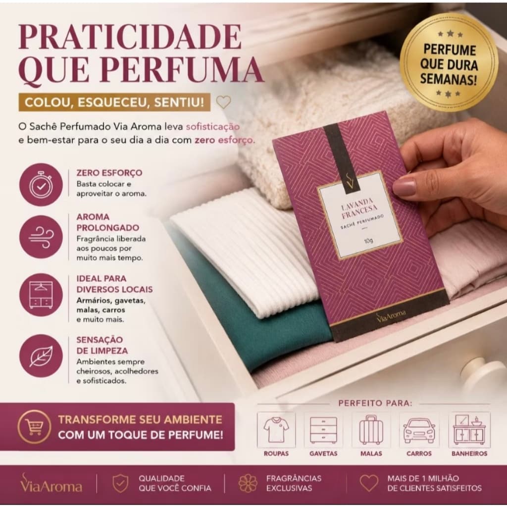 Sachê Perfumado Aromatizador Via Aroma 10g Original para Guarda-Roupa, Gavetas, Armários, Carro e Bolsa