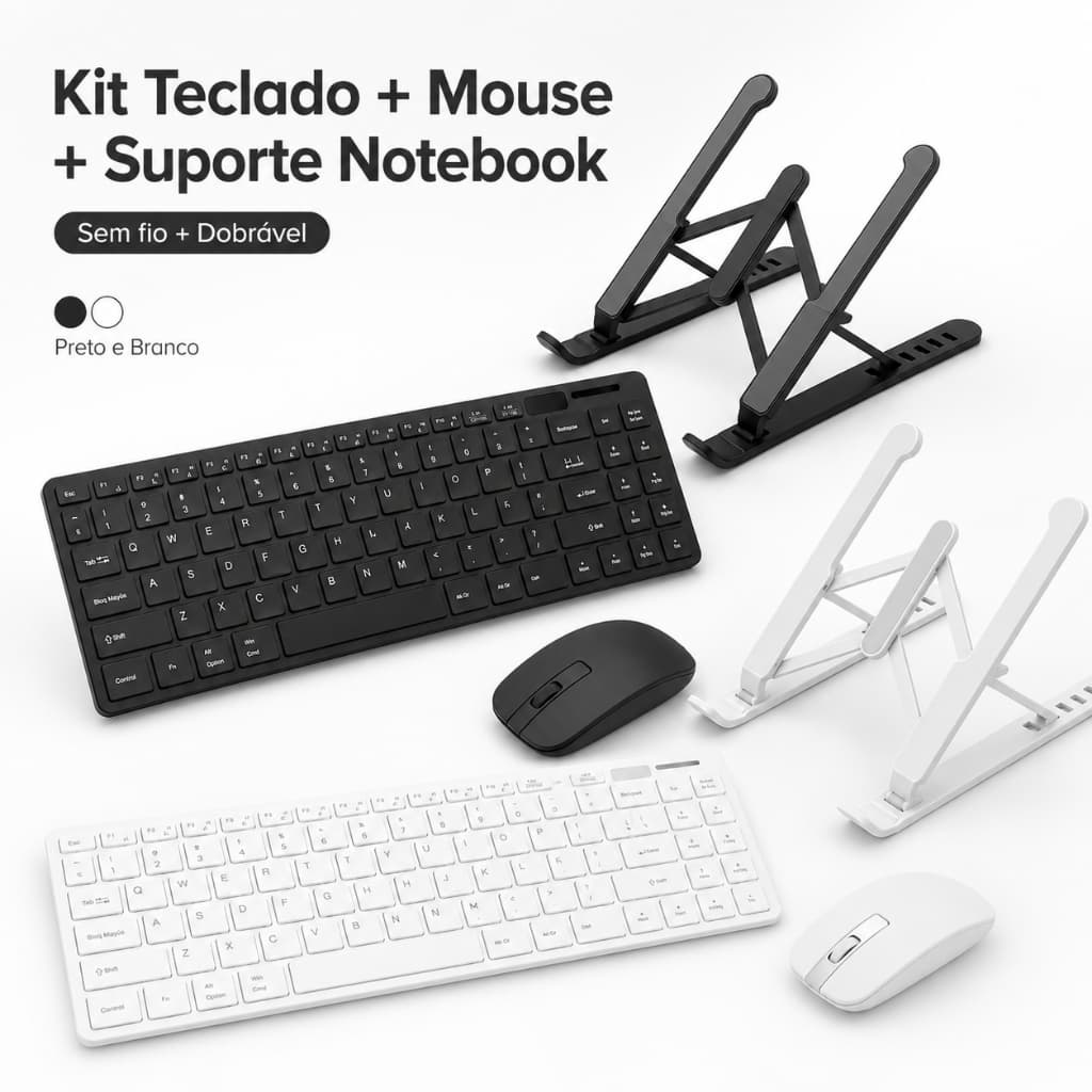 Kit suporte de notebook Dobrável + Teclado e mouse sem Fio wireless 2.4GHz Ultra slim Base de Apoio mesa Ajusatvel