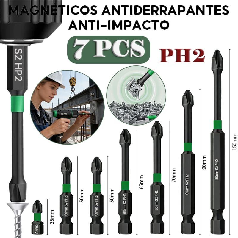 Kit 7 Bits  Philips Ph2  Magnético Anti-Impacto Aço S2 Anti Derrapante Sextavado 1/4 25-150mm