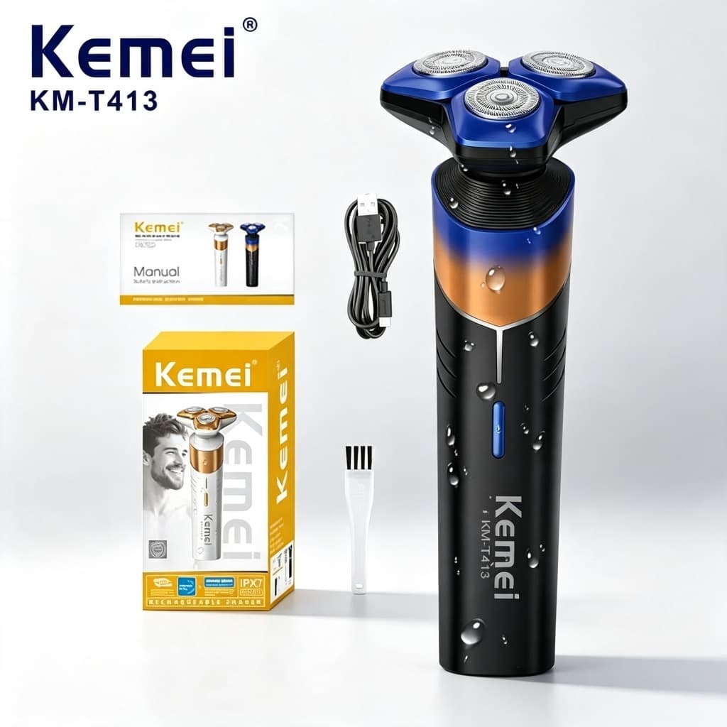 KEMEI KM-T413 Aparador Shaver 7500RPM, lavável, triplo magnético, portátil 600mAh Tipo-C