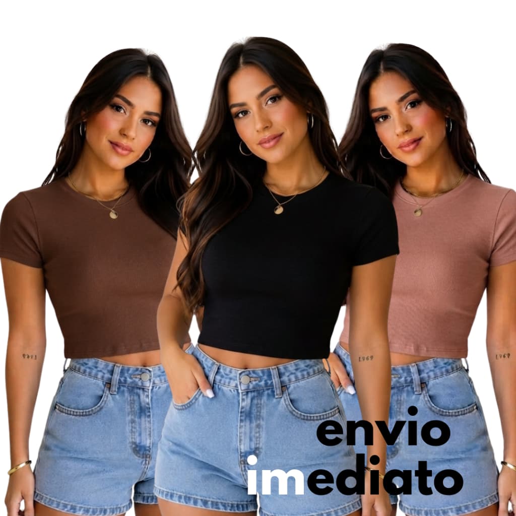 KIT COM 3 REGATAS CROPPED FEMININAS EM MALHA RIBANINHA PREMIUM