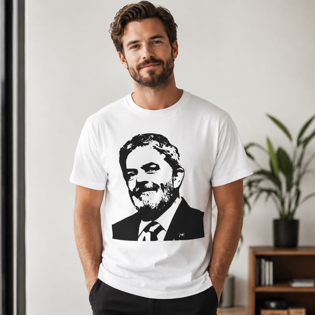 Camiseta Masculina Preta Estampa Política Retrato Stencil Manga Curta Casual Confortável