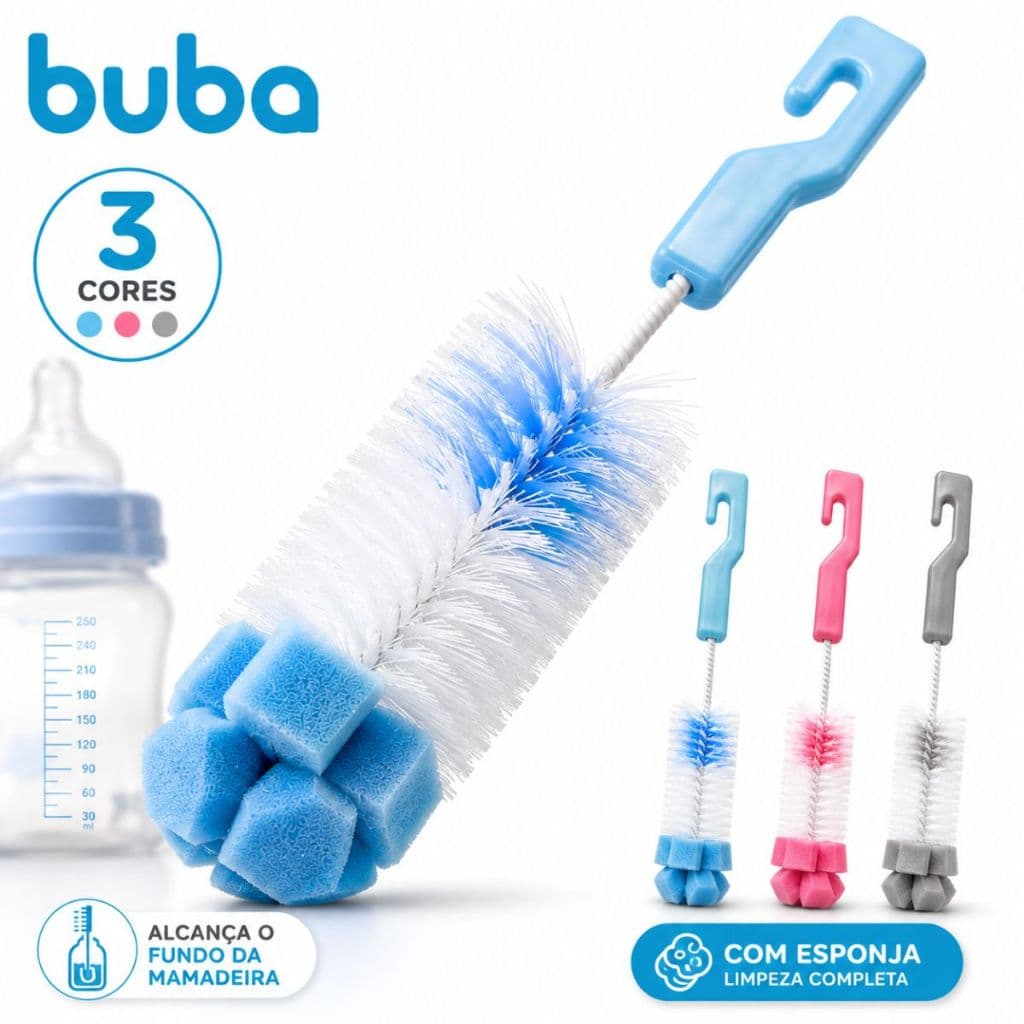 Escova Para Mamadeira Escova Bico Buba Kit Limpeza Com Esponja BPA Free Bebê Infantil 3 Cores Original