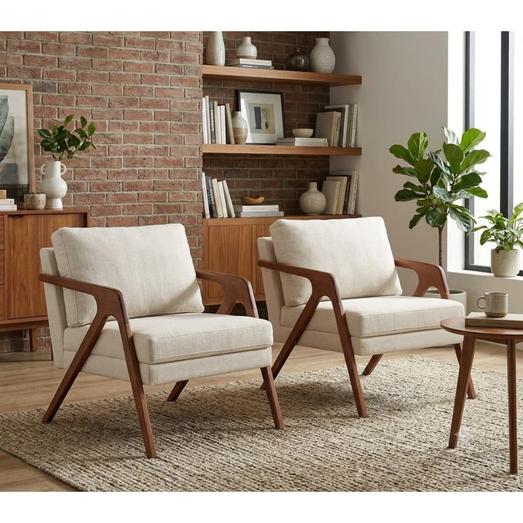 Kit 2 Poltronas Mona Decorativas em Linho Bege com Pés em Madeira Maciça – Conforto e Sofisticação