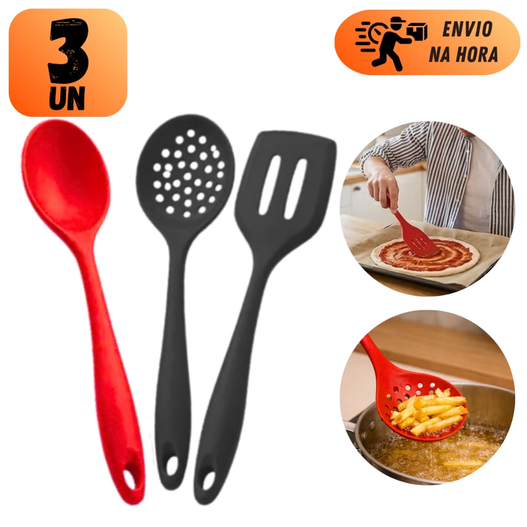 Conjunto Utensílios De Silicone Espátula Vazada Colher De Arroz Escumadeira Cabo Ergonômico