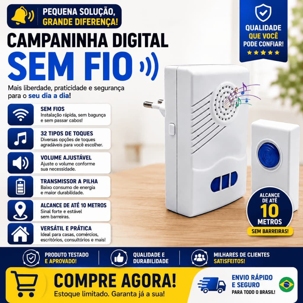 Campainha Sem Fio Digital Com Pilha 32 Toques Controle de Volume Alcance 10m Fácil Instalação