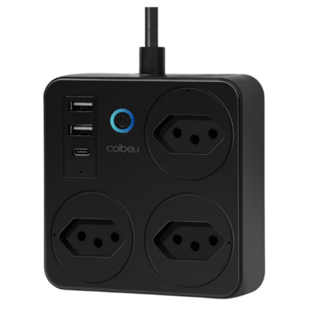 Extensão Inteligente WiFi Tuya 3 Tomadas 2 USB 1 USB‑C PD Alexa Google Bivolt Preta