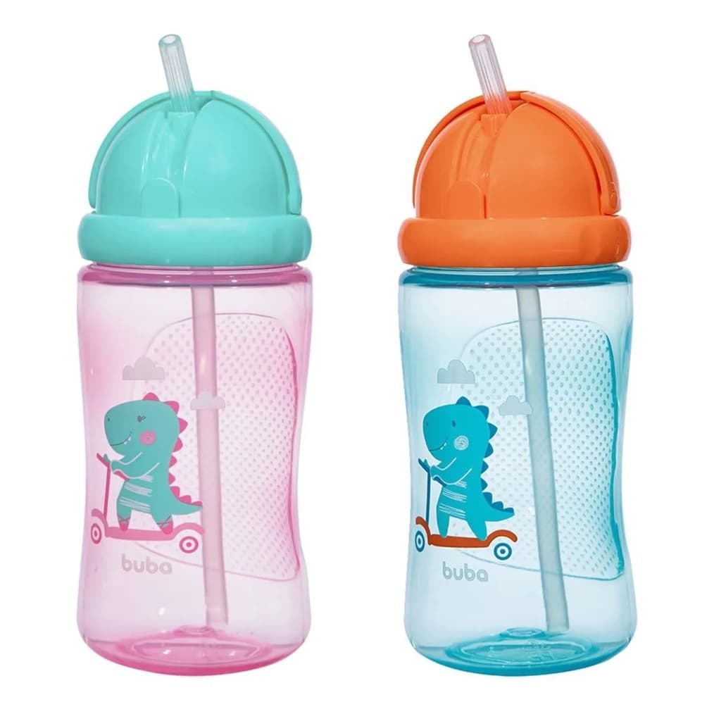 Garrafinha Infantil Com Canudo 400ml Dino Patinete Azul ou Rosa Buba