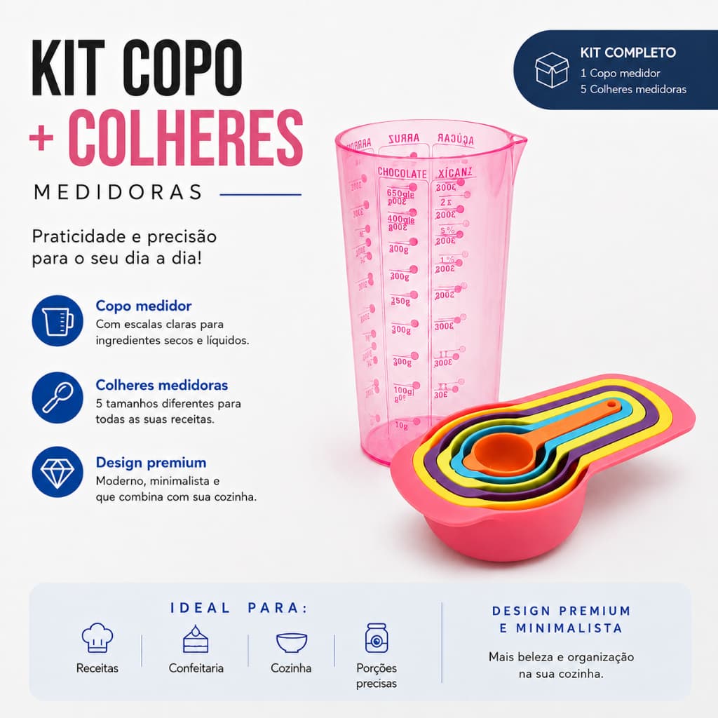 Kit Medidas Colher Medidora 6 Xícaras + 1 Copo Medidor Graduado Dosador 570 ML para Receitas