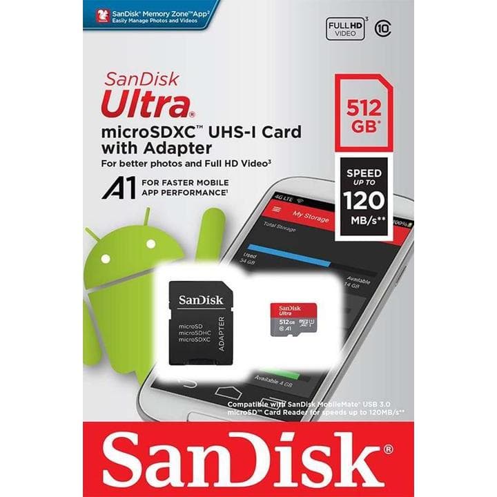 Cartão de Memória Sandisk Original 512Gb Adaptador Micro Sd Ultra 120mb/s Classe 10 Para Drone Câmera Game PC Celular