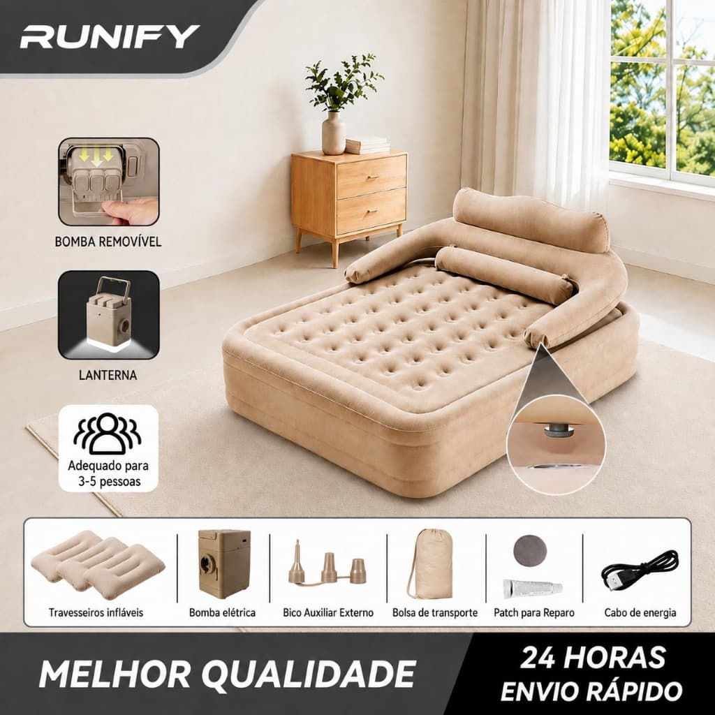 RUNIFY Queen Inflatable Mattress with Detachable Backrest and Rechargeable Electric Pump Extra Large Size 200*180*40CM