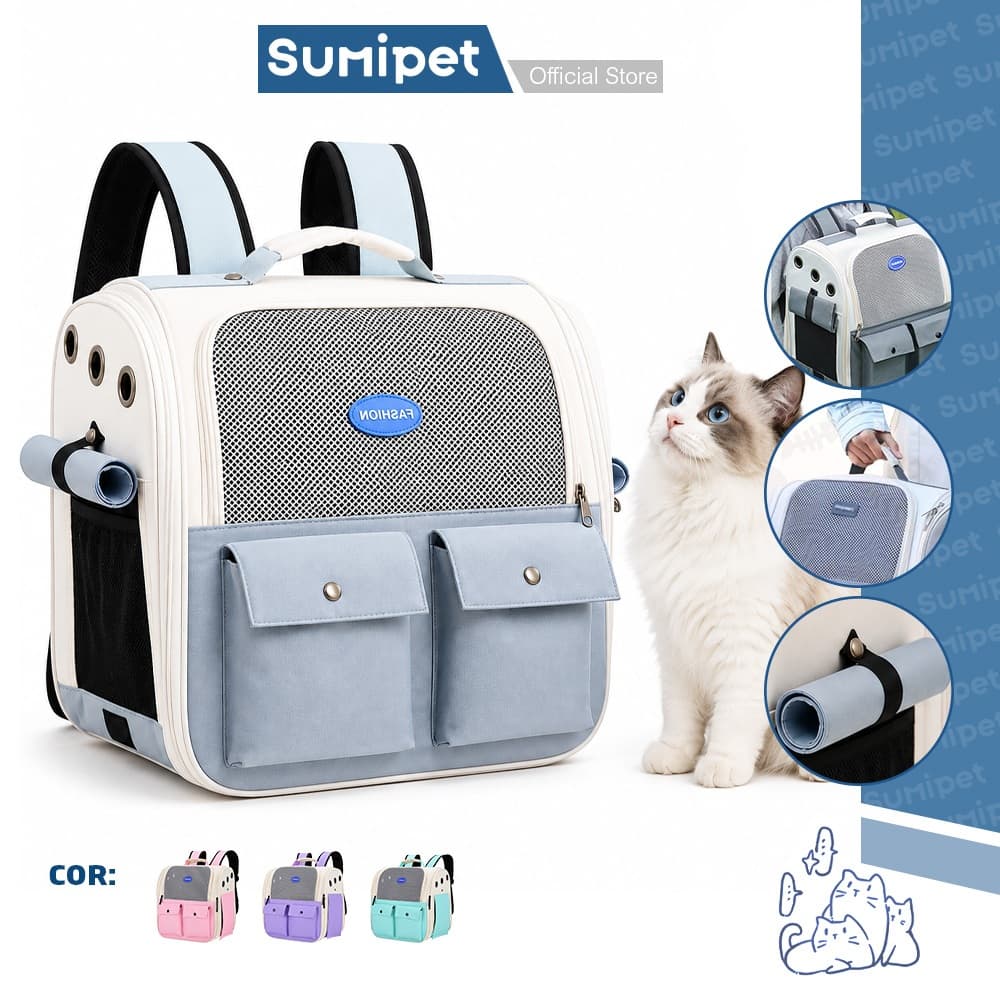 Mochila Pet Transporte Gato Cachorro Espaçosa Respirável Dobrável com Bolsos Frontais Passeio Viagem