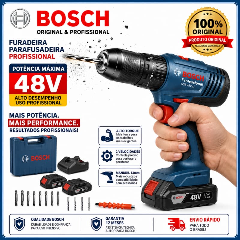 Parafusadeira Furadeira Elétrica bosch 48V Parafusadeira 2 baterias Furadeira de Impacto  Original