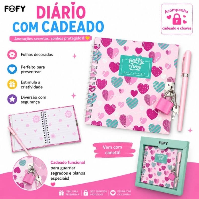 Kit Diário Infantil Fofy Cadeado Chave Caneta Gel Caderno Secreto Corações Happy Time Menina Presente