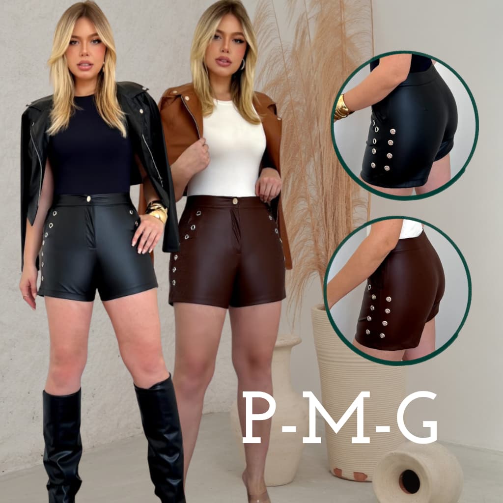 Short Feminino Couro Fake com Ilhos Cintura Alta Bolso e Ziper Frontal