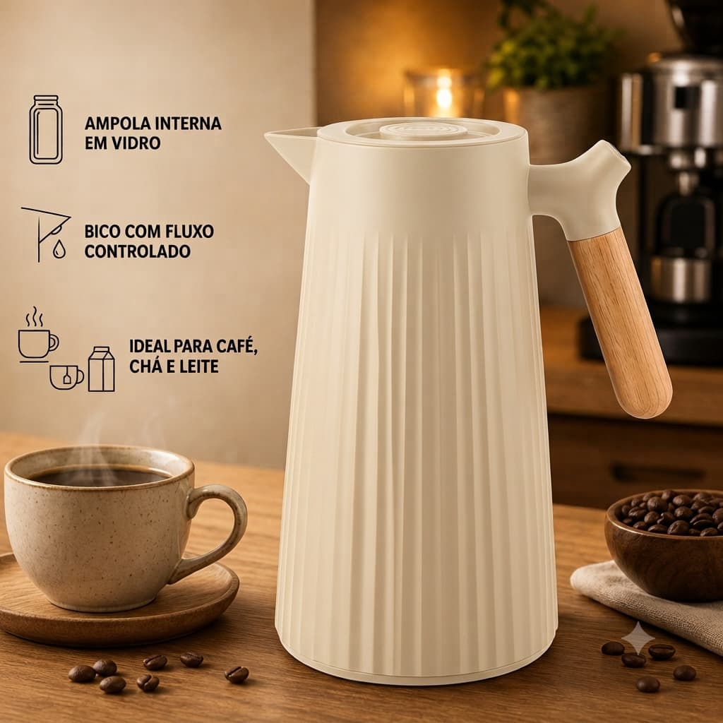 Garrafa Térmica 1 Litro Nórdica Canelada Café Chá Cabo De Madeira Mesa Posta Alta Qualidade