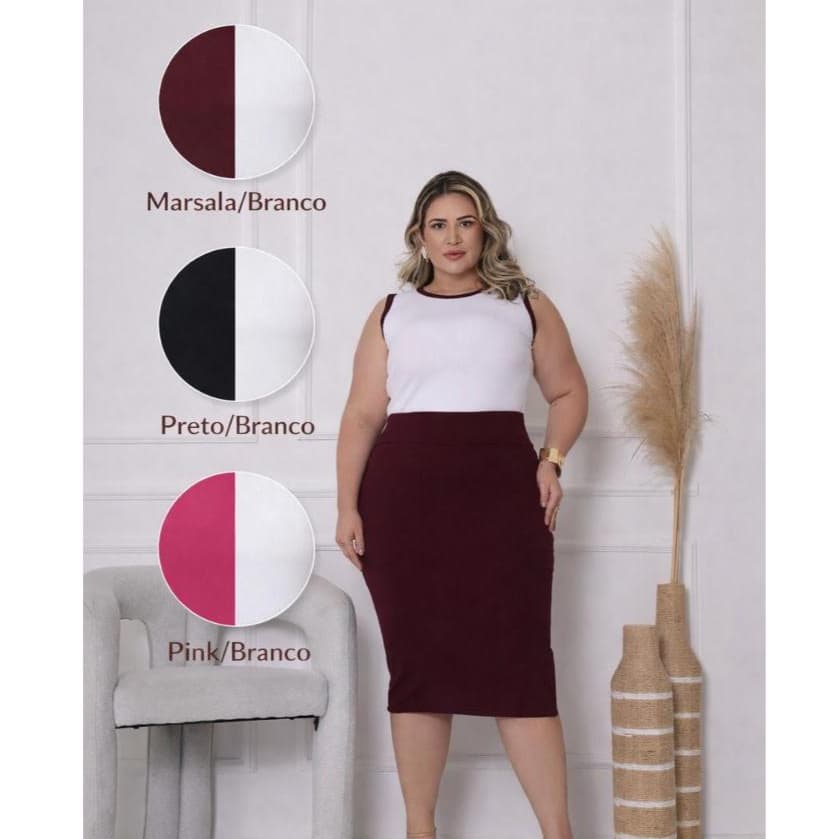 Conjunto Feminino Plus Size Saia Midi E Regata Canelada Casual Sem Transparência Modela Corpo