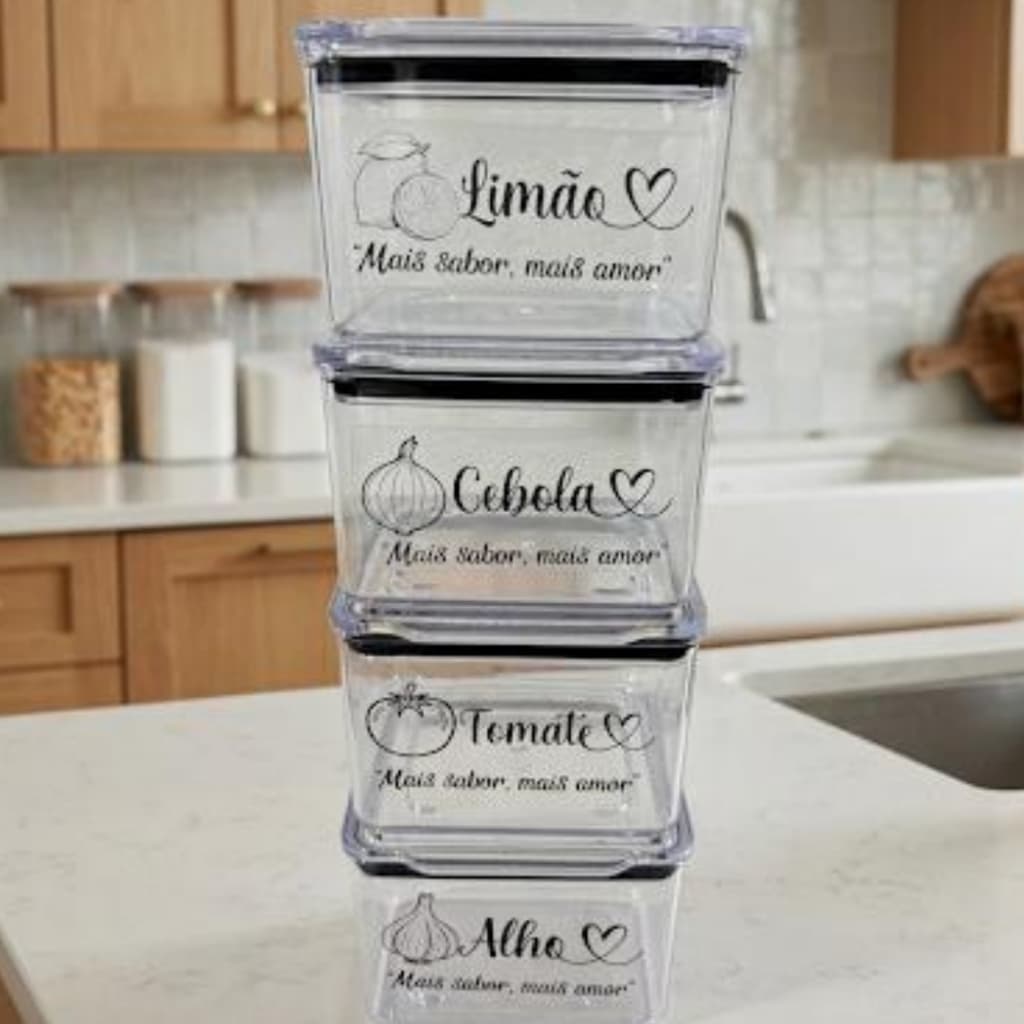 Kit 4 Potes 480ml Porta Tempero Cebola Alho Tomate Limão Pote Hermético