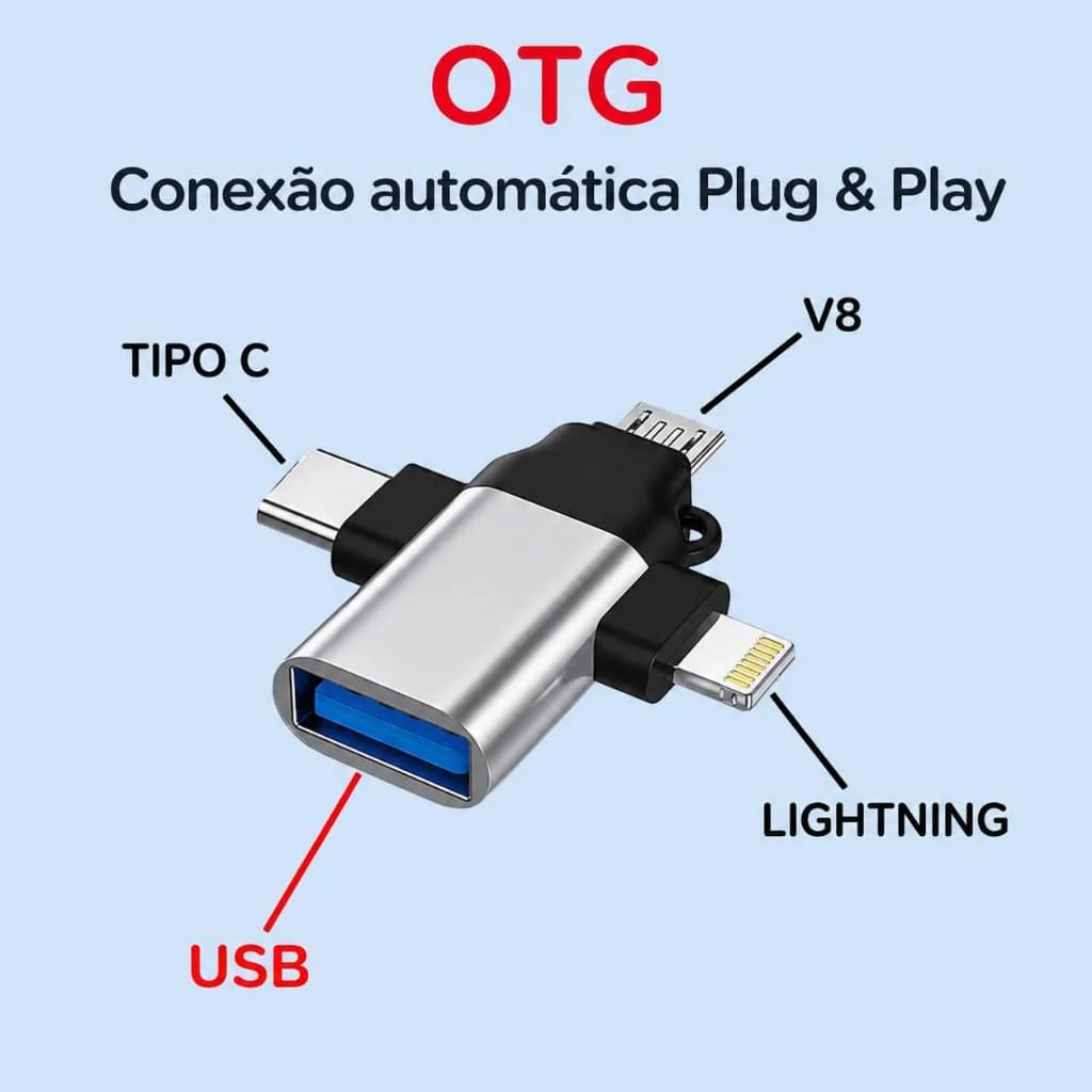 Adaptador OTG 3 em 1 USB Tipo C Lightning V8 Prata Conversor USB para Celular iPhone Android
