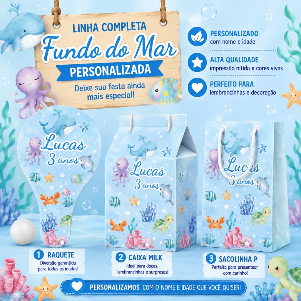 Kit Festa Fundo do Mar Personalizado | Raquete + Caixa Milk + Sacolinha | Festa Infantil