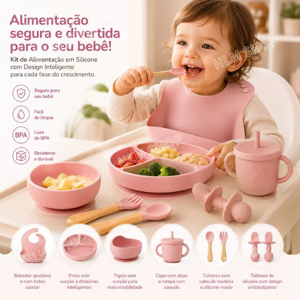 Introdução Alimentar Bebê Kit 8 Peças Silicone Prato Divisórias Tigela Copo Talheres Babador