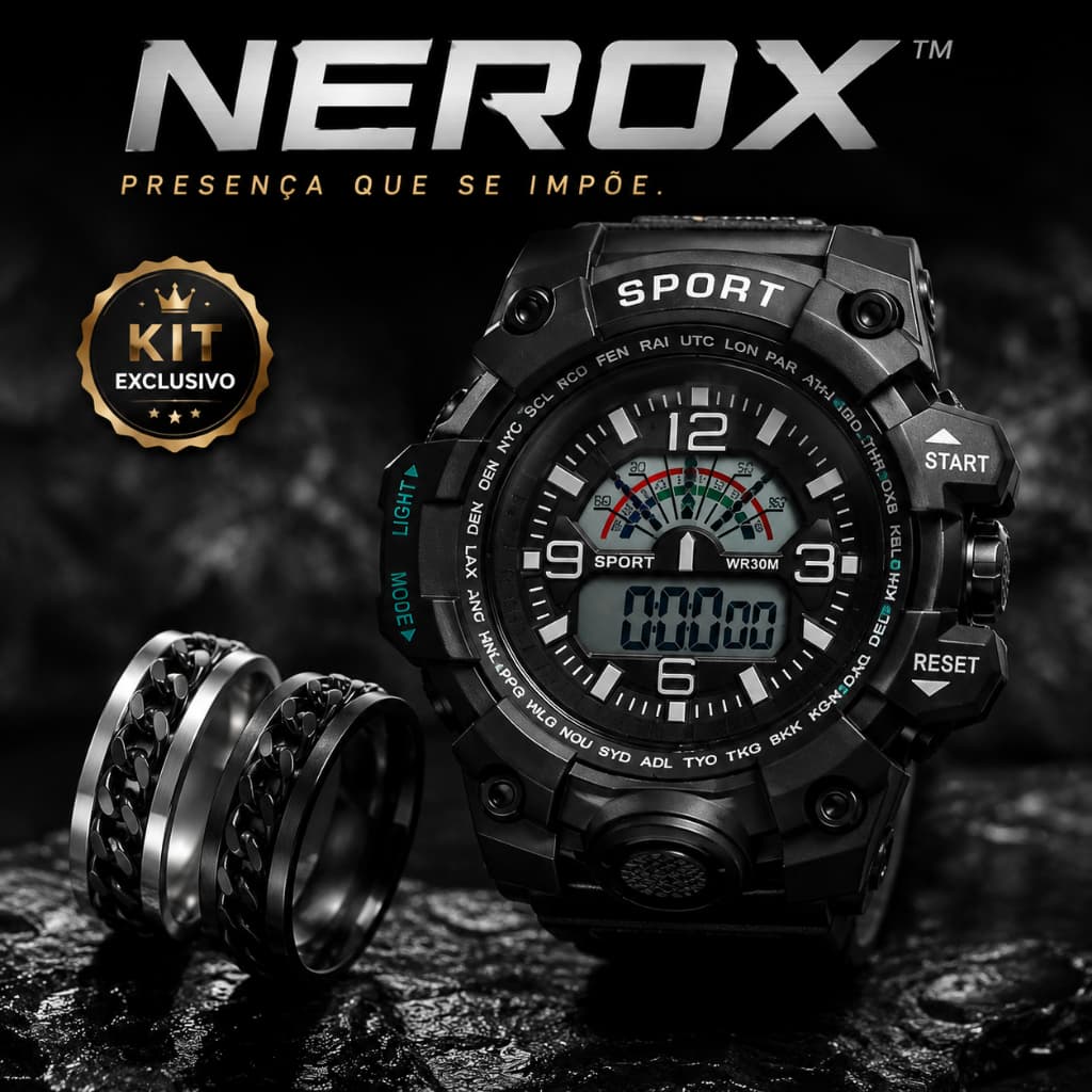 Relógio Digital Luxo + 2 Anel Masculino Aço Inox Corrente Spinner Antiestresse + Relógio Digital Luxo