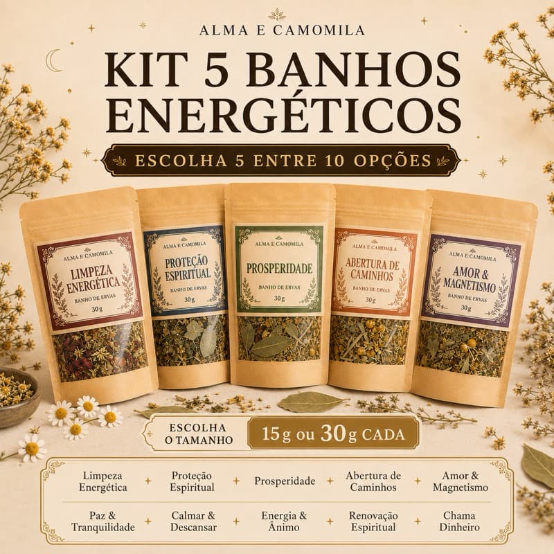 Kit 5 Banhos Energéticos de Ervas | Escolha 5 | Limpeza, Proteção, Prosperidade, Amor, Equilíbrio e Caminhos | 15g/30g