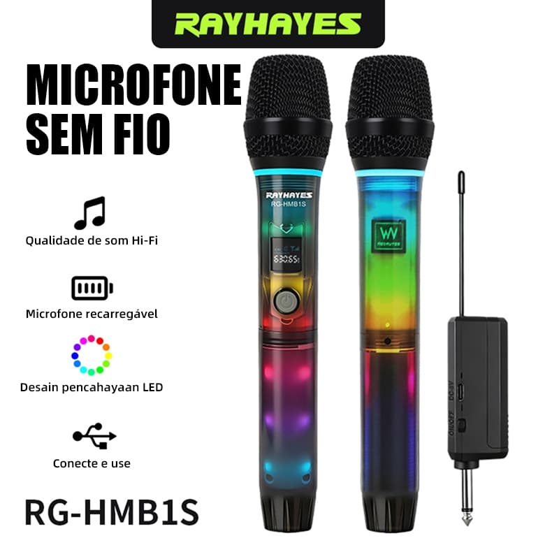 Microfone sem fio RAYHAYES RG‑HMB1S com luz RGB bateria longa duração para festa e karaokê