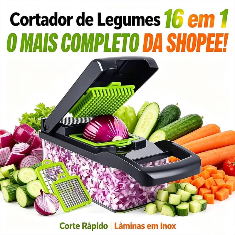 Cortador Manual de Legumes Multifuncional 16 em 1 com Lâminas em Inox e Recipiente para Cebola, Cenoura, Pepino e Batata