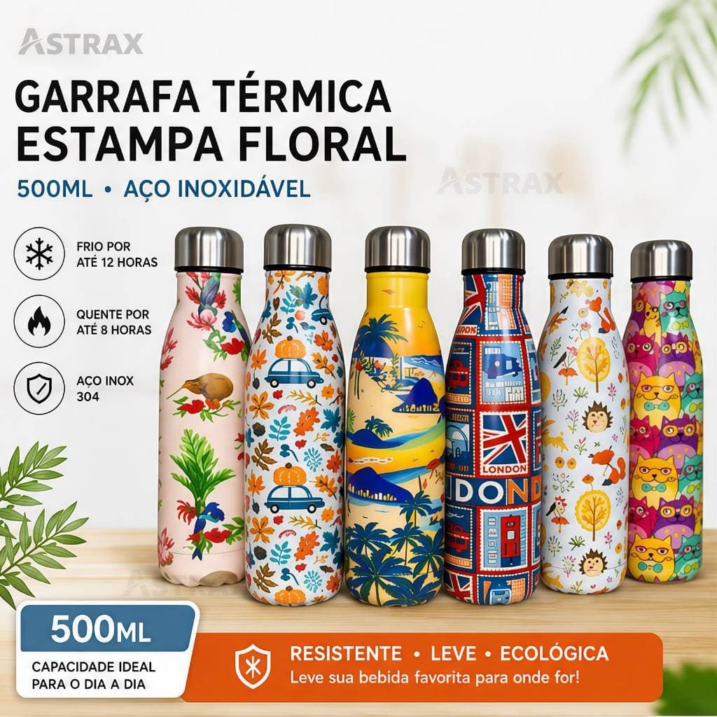 Garrafa Térmica Inox 500ml Estampada Floral Colorida para Bebidas Quentes e FriasGarrafa de água esportiva