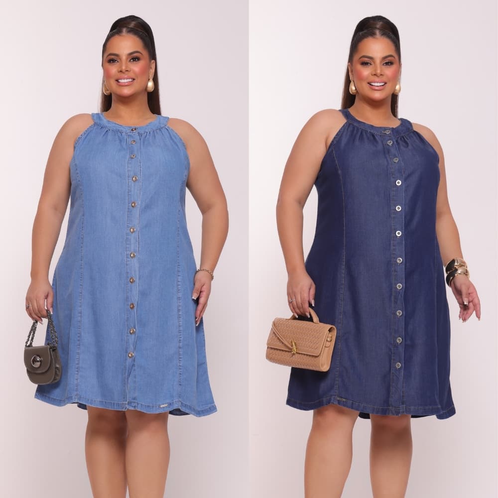 Vestido Jeans Plus Size Regata Sem Manga com Botões