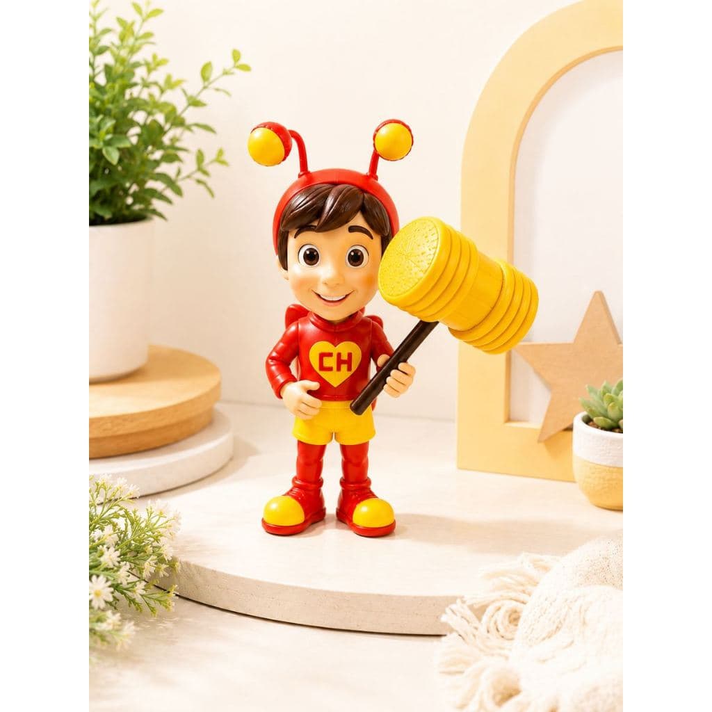 Boneco 3D Super - Herói Decorativo com Martelo - Vermelho e Amarelo