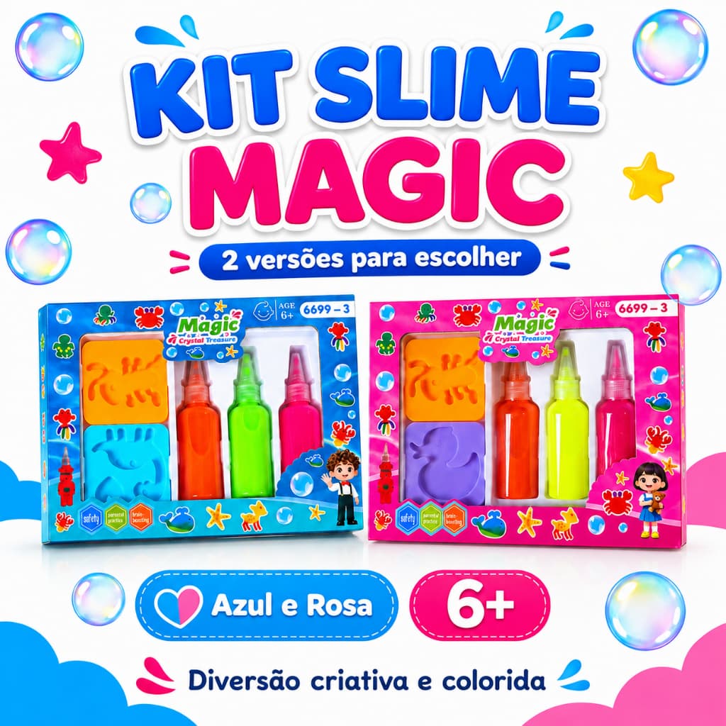 Kit Slime Magic Infantil Azul ou Rosa com Moldes e Acessórios Brinquedo Criativo