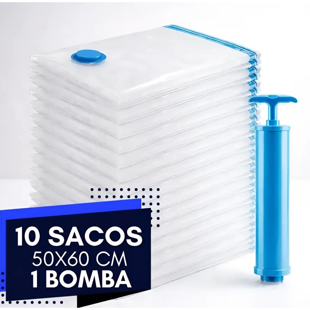 Kit 10 Saco  Vácuo 50x60cm Otimizotilizável, impermeável De Espaço + 1 Bomba Manual ,Protege contra umidade, reu