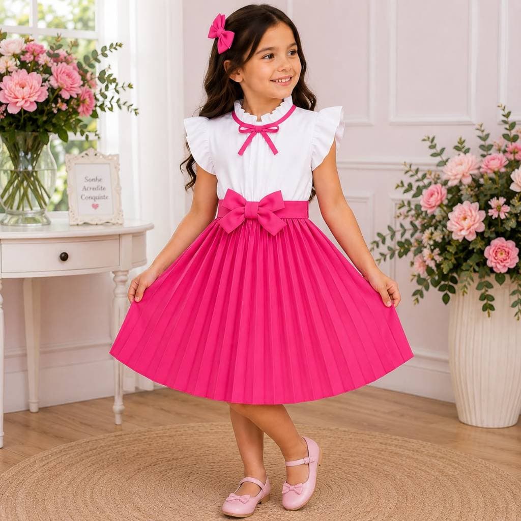 Vestido Menina Plissado Luxo com Laço Infantil Princesa Elegante Festa Casamento Aniversário 1 ao 12 Anos