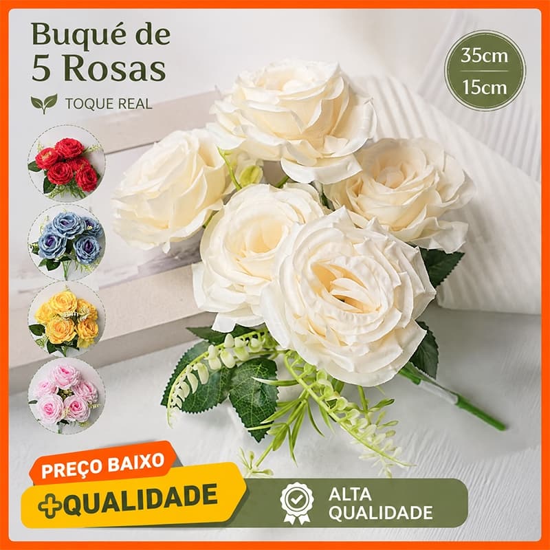 Arranjo Floral com 5 Rosas Artificiais Realistas Elegante Decoração Romântica para Ambientes