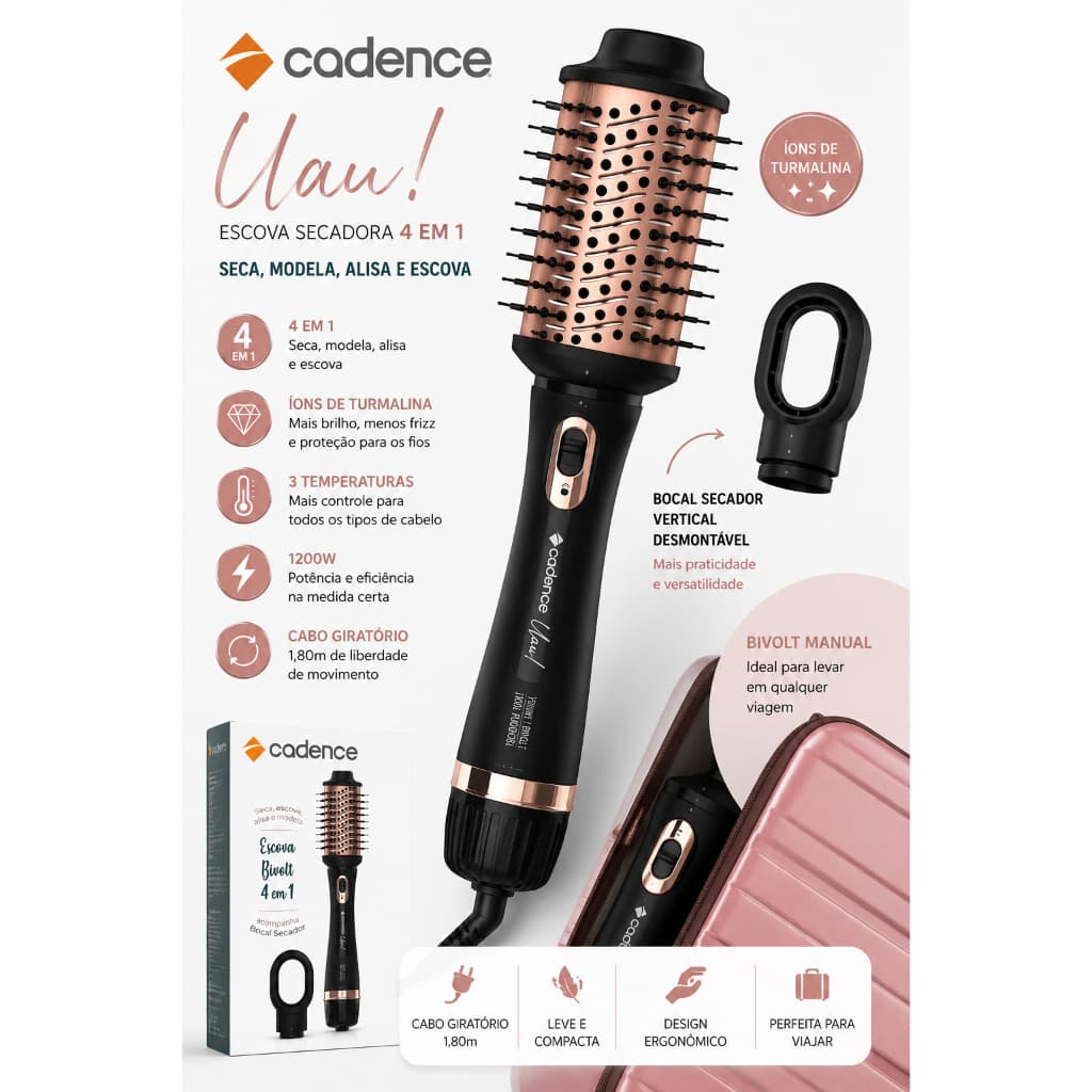 Escova Secadora Cadence Uau 4 em 1 - Bivolt ESC800