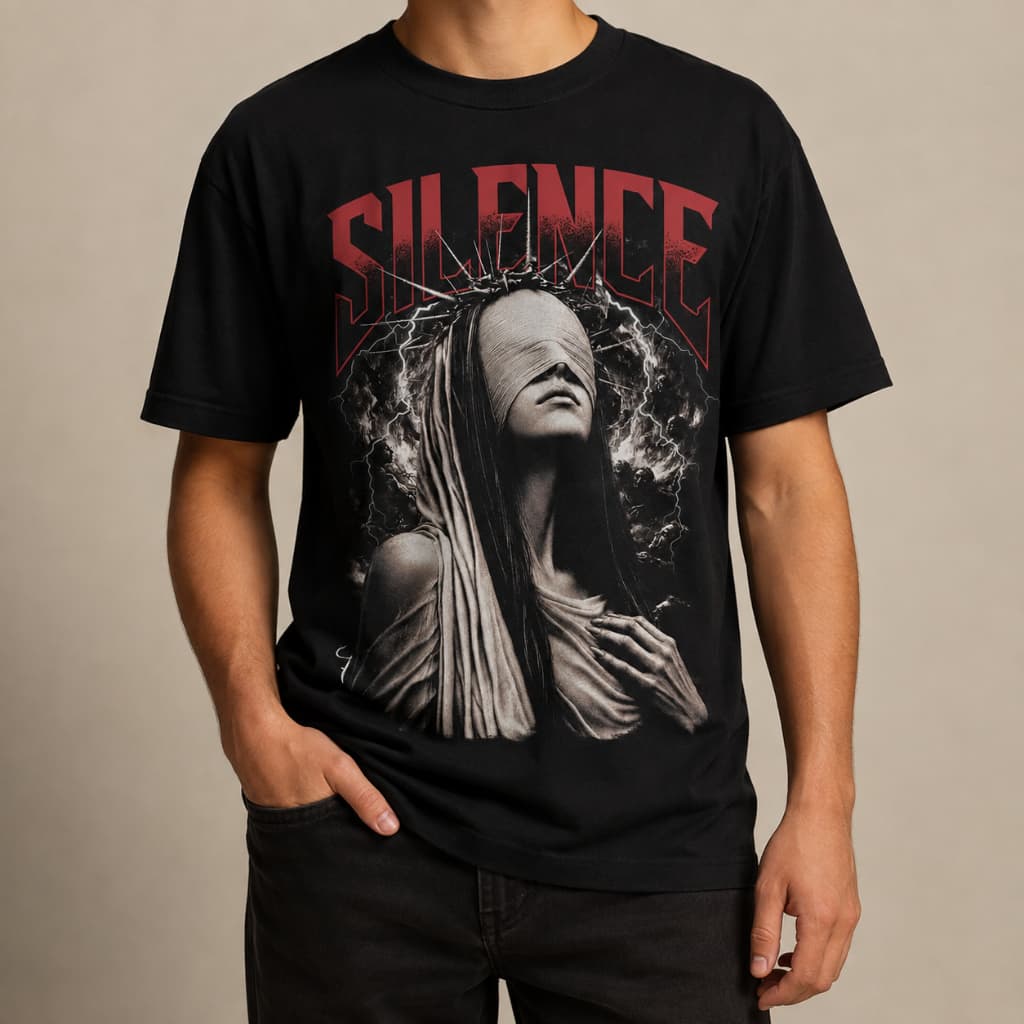 Camiseta Masculina Preta Estampada Silence Gótica Rock Streetwear Manga Curta Algodão