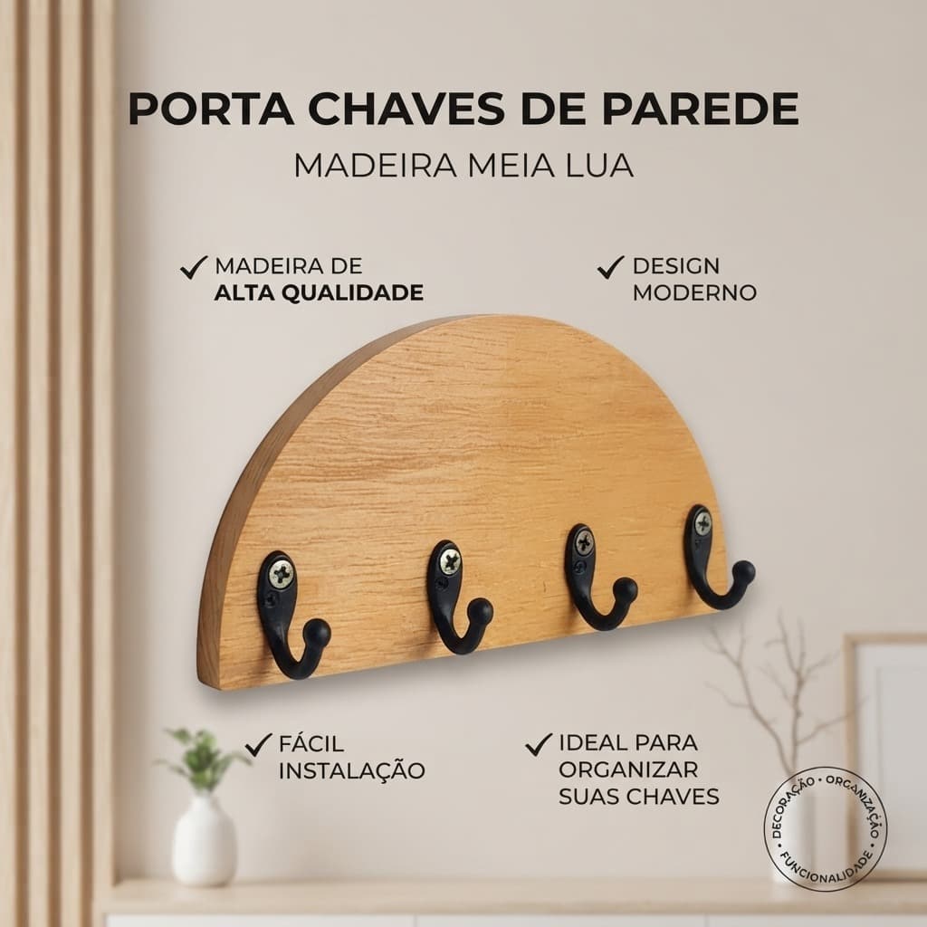 Porta Chaves Parede Suporte Pendurar Chaves Madeira Meia Lua
