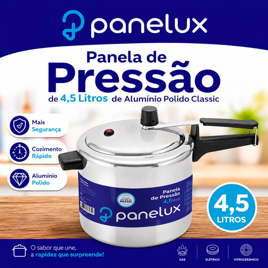 Panelux Panela de Pressão de 4,5 Litros de Alumínio Polido Classic