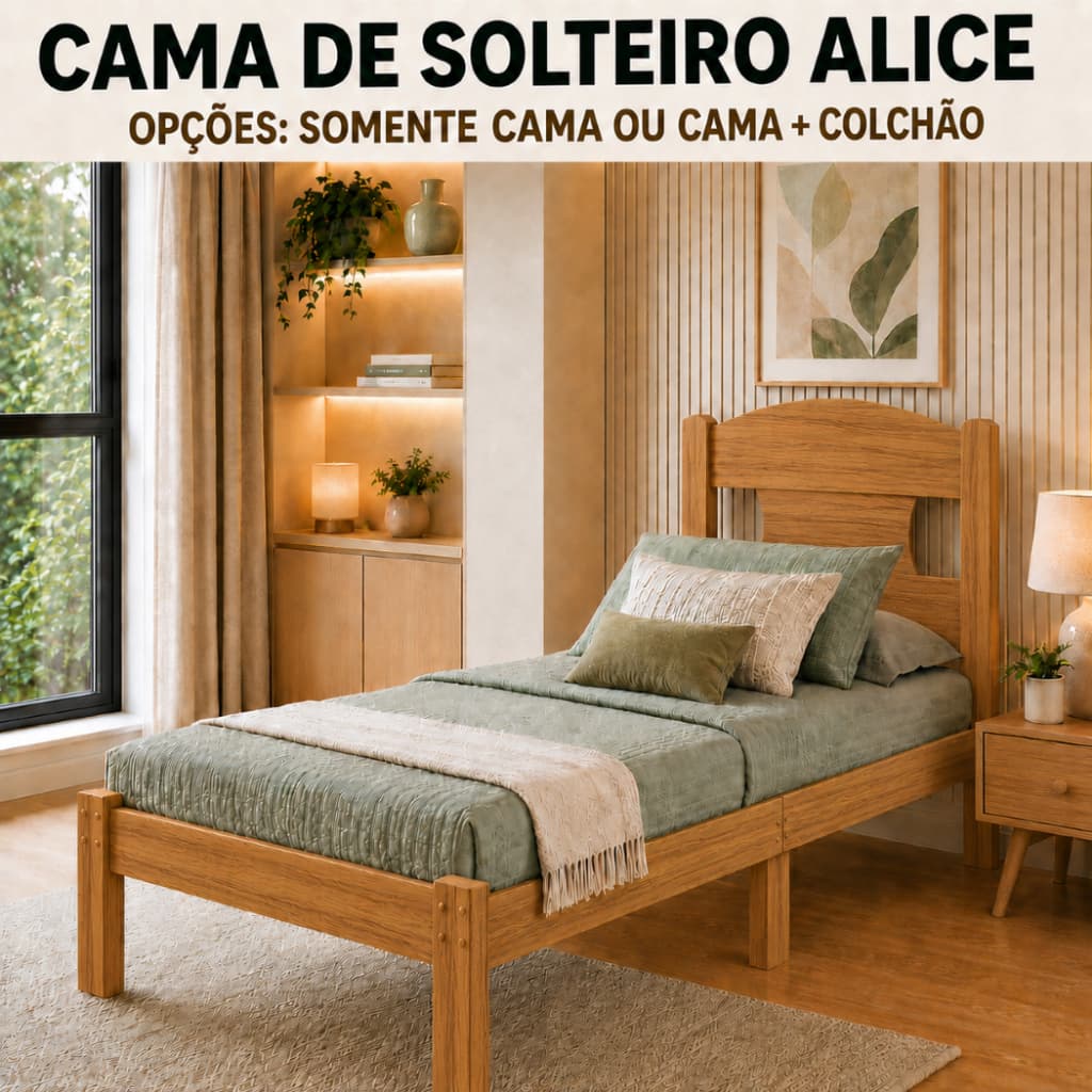 Cama de Solteiro Alice Branca ou Nature MDF com Estrado de Madeira Pinus