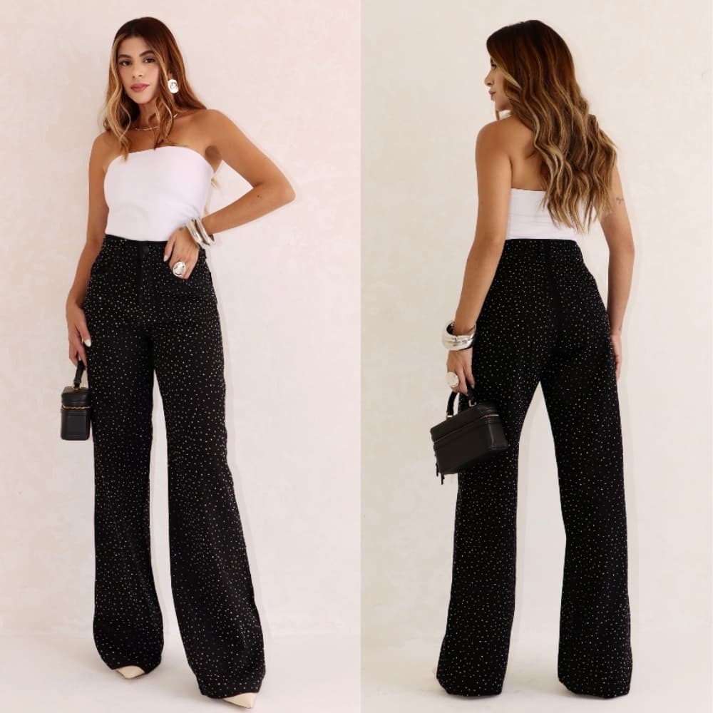 Calça Jeans Wide Leg Com Strass na Frente, Cintura Alta - Modelo Explosão.