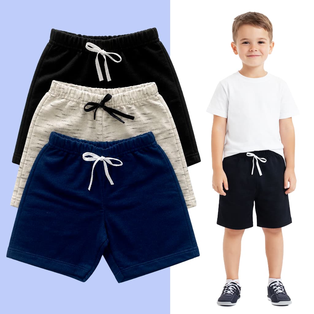 Kit 3 Shorts Moletom Infantil Menino Bermuda Algodão Cordão Ajustável Cores Sortidas Roupa Verão Vipy Kids