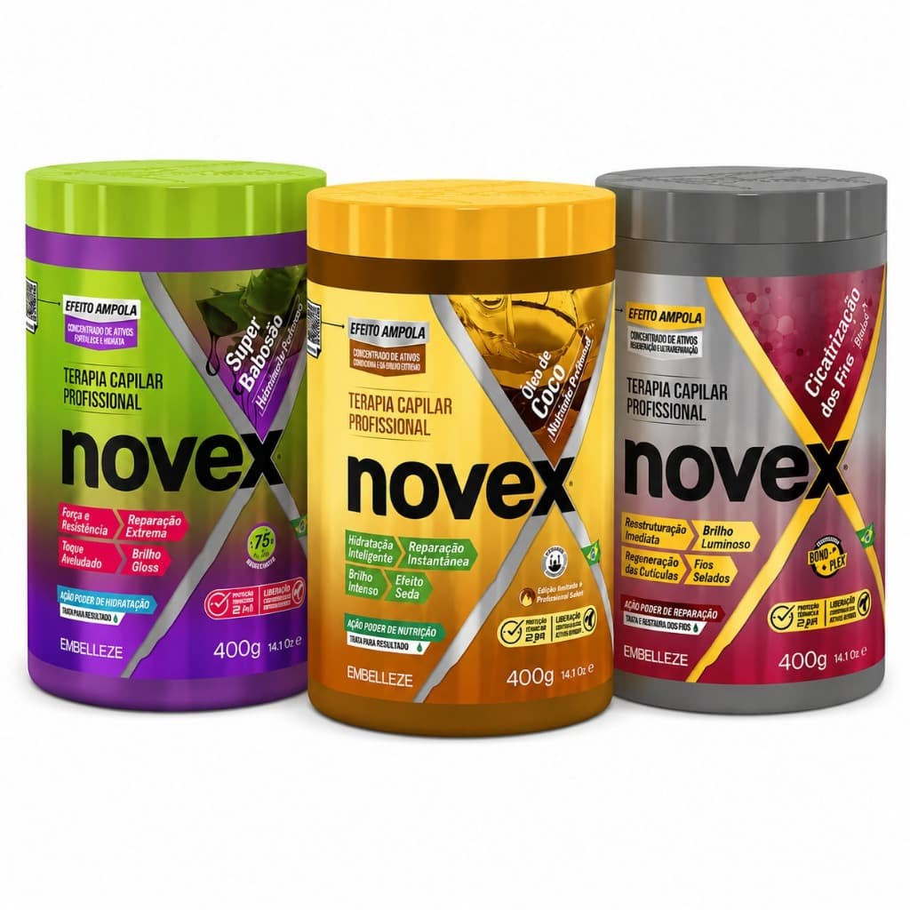 Kit cronograma novex super babosão, coco e cicatrização dos fios 400g