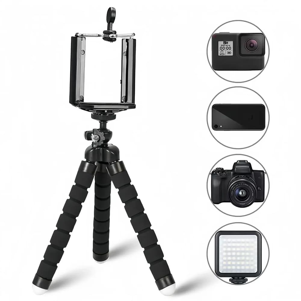 Mini Tripé Flexível Universal com Suporte para Celular, Câmeras, Action Cam e Iluminador LED