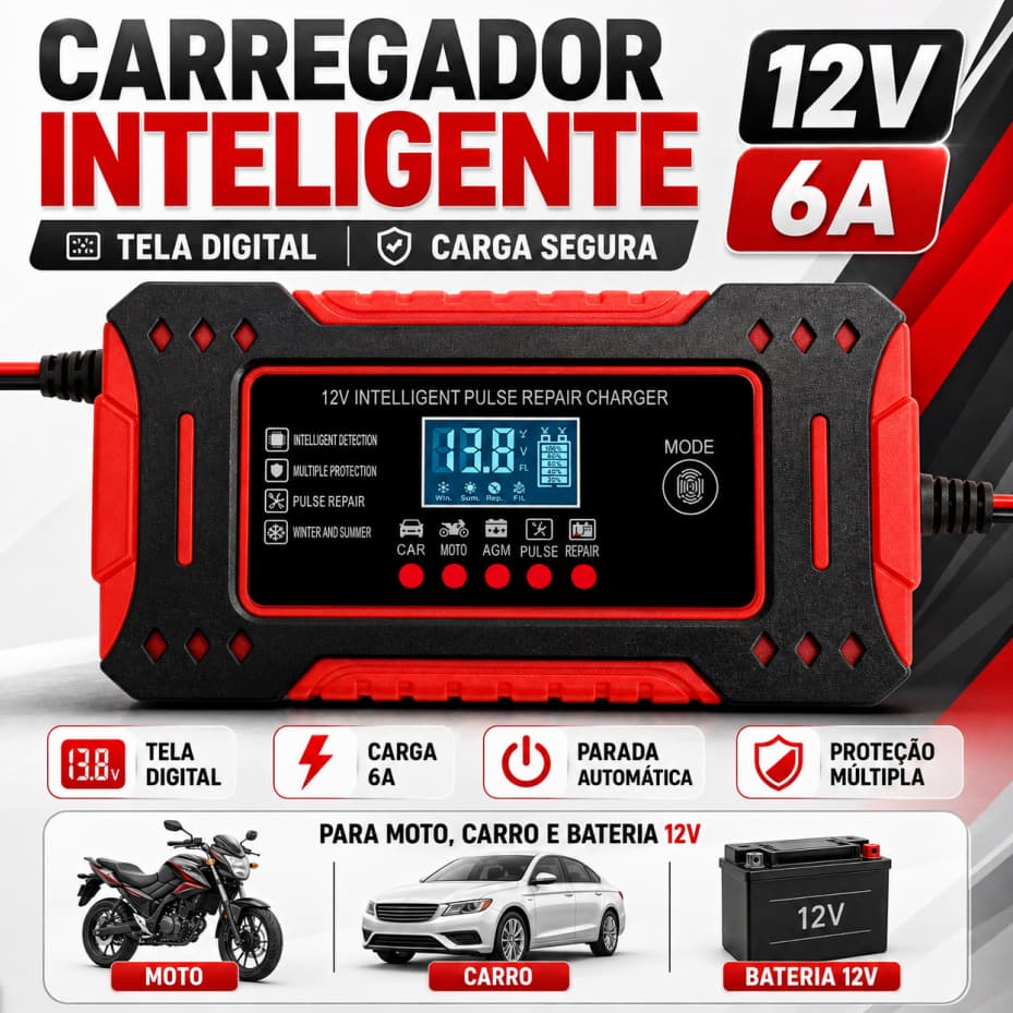 Carregador de Bateria Automotivo inteligente12V 6A Bivolt 127V/220V Carro Moto Inteligente Com Indicador Carga Desliga